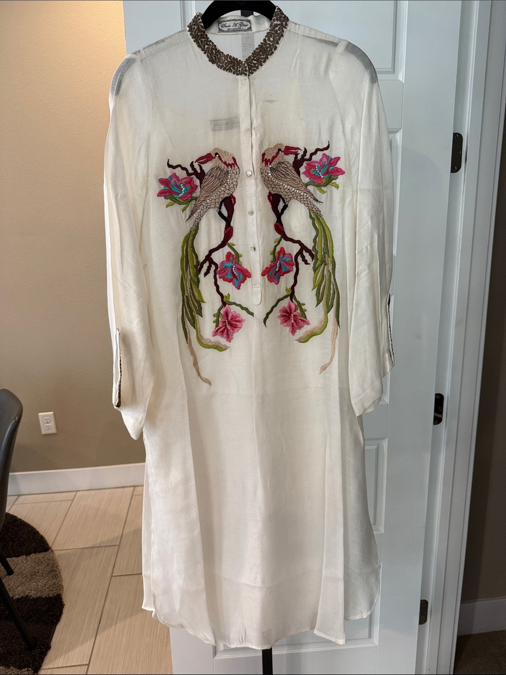 Ivory Embroidered Long-Sleeve Tunic Dress with Floral & Bird Motif